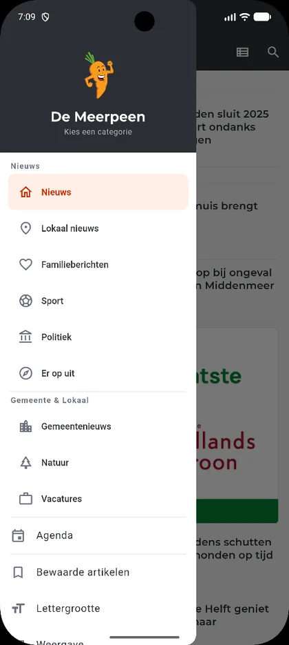 De Meerpeen nieuws-app — categoriemenu