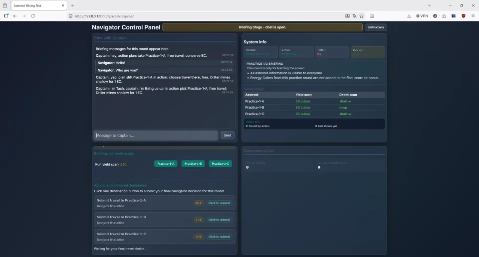 Spaceship Coordination Experiment, navigator control panel met chat en acties